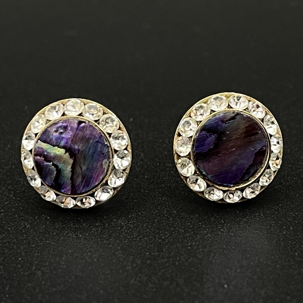 Abalone‎ Shell Rhinestone Halo Stud Earrings Purple Gold Round Beachy Boho